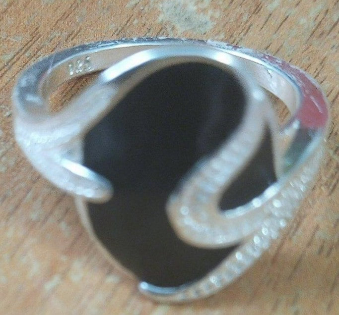 925 Sterling Silver Ellipse Anillo Oval Black Enamel Ring