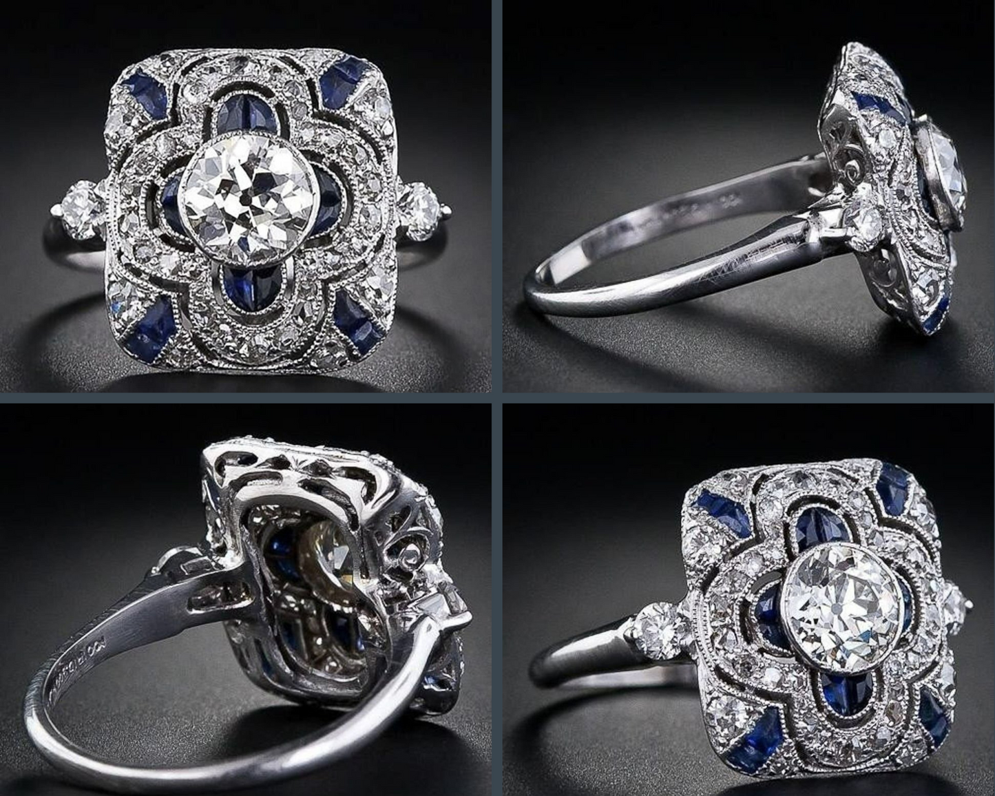 925 Sterling Silver Blue Geometric Art Deco Ring