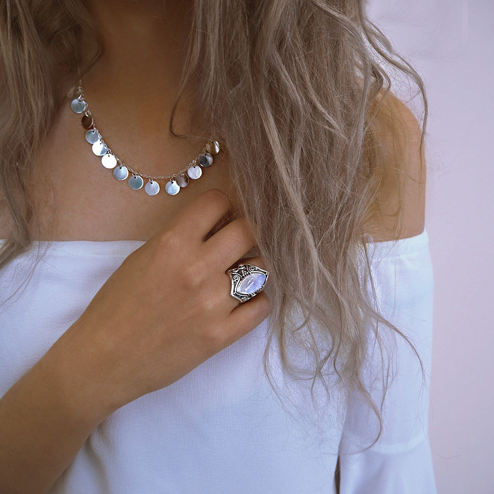 Vintage Boho Marquise Blue Moonstone Antique Silver Ring