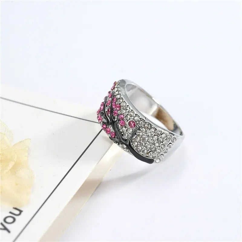 925 Sterling Silver Fuchsia Pink Tree Branch Leaves Blossom Ring
