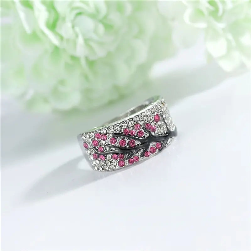 925 Sterling Silver Fuchsia Pink Tree Branch Leaves Blossom Ring