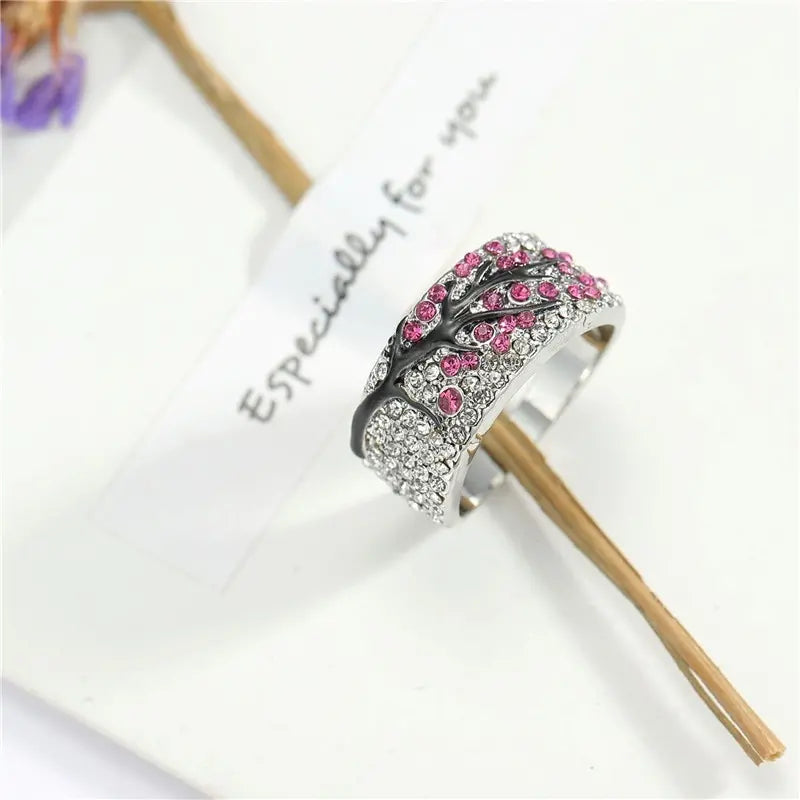 925 Sterling Silver Fuchsia Pink Tree Branch Leaves Blossom Ring