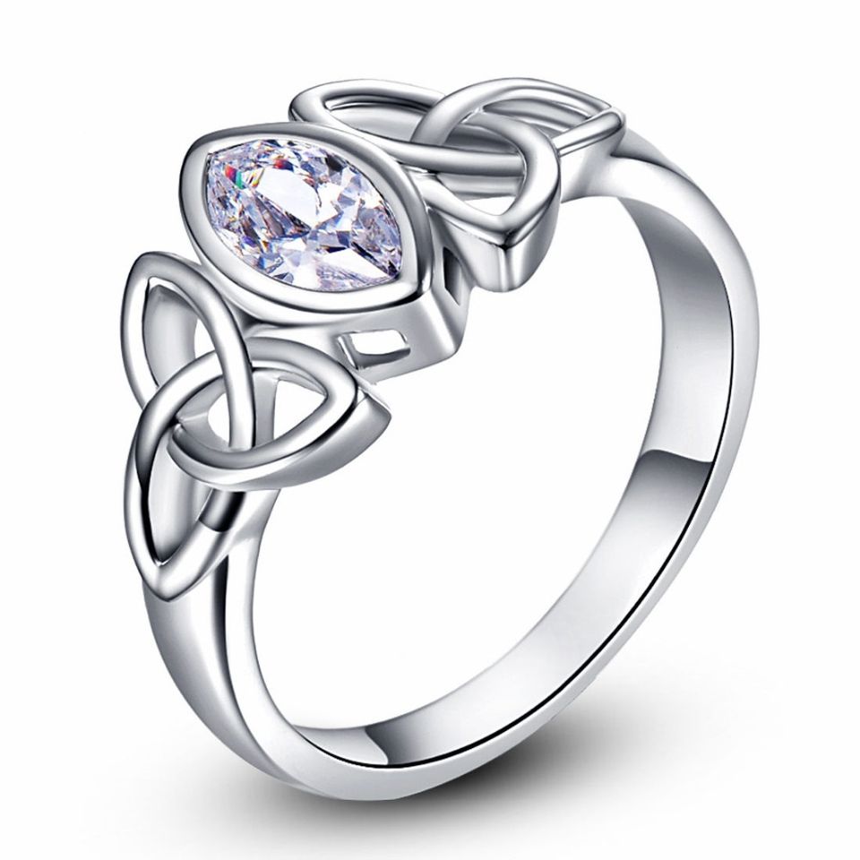 Solitaire Marquise White Gemstone Silver Celtic Ring