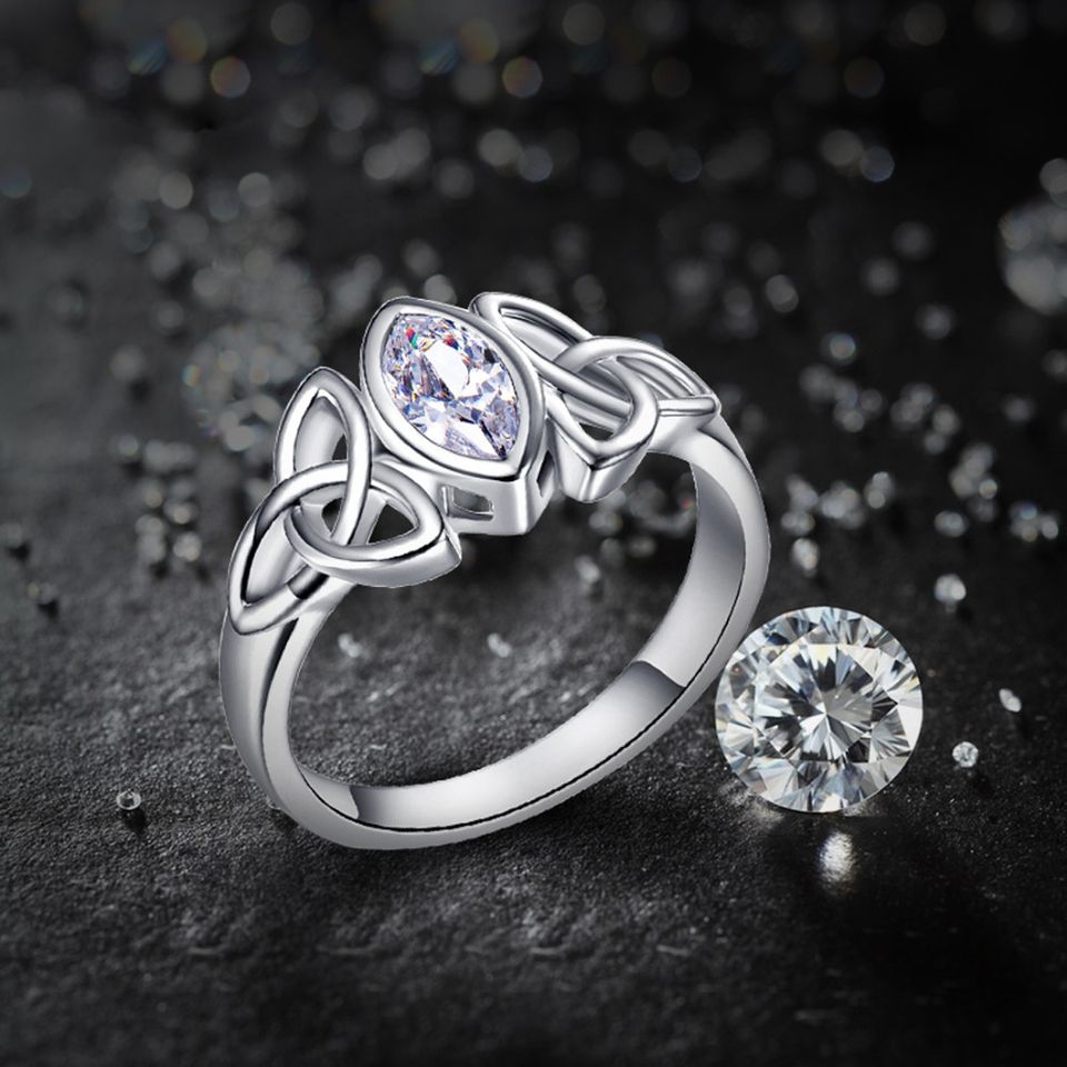Solitaire Marquise White Gemstone Silver Celtic Ring