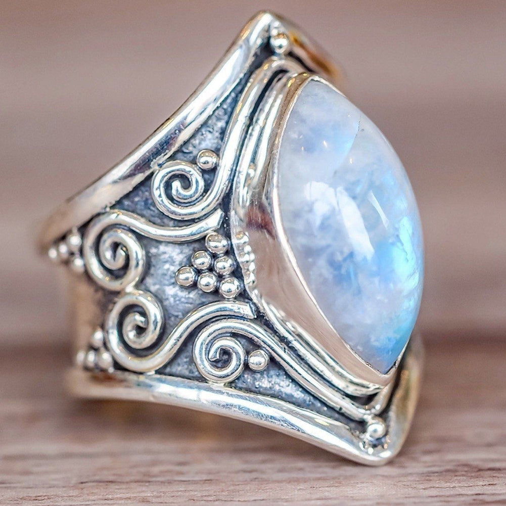 Vintage Boho Marquise Blue Moonstone Antique Silver Ring