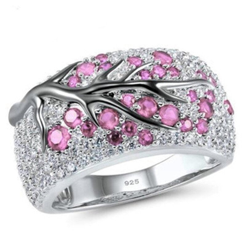 925 Sterling Silver Fuchsia Pink Tree Branch Leaves Blossom Ring