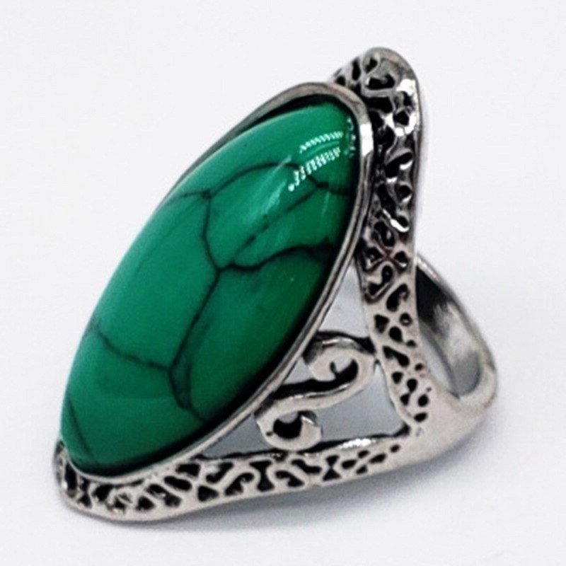 Natural Green 27mm Stone Hollow Antique Silver Ring
