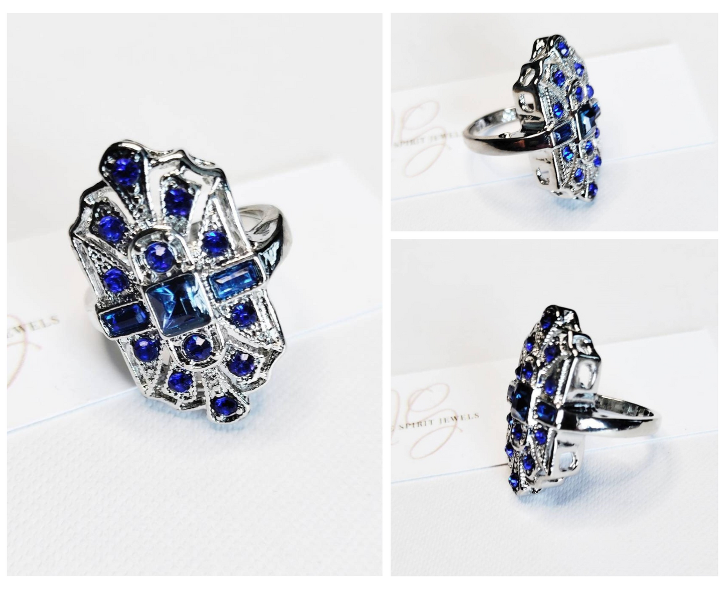 Huge Blue Sapphire Art Deco Silver Geometric Ring