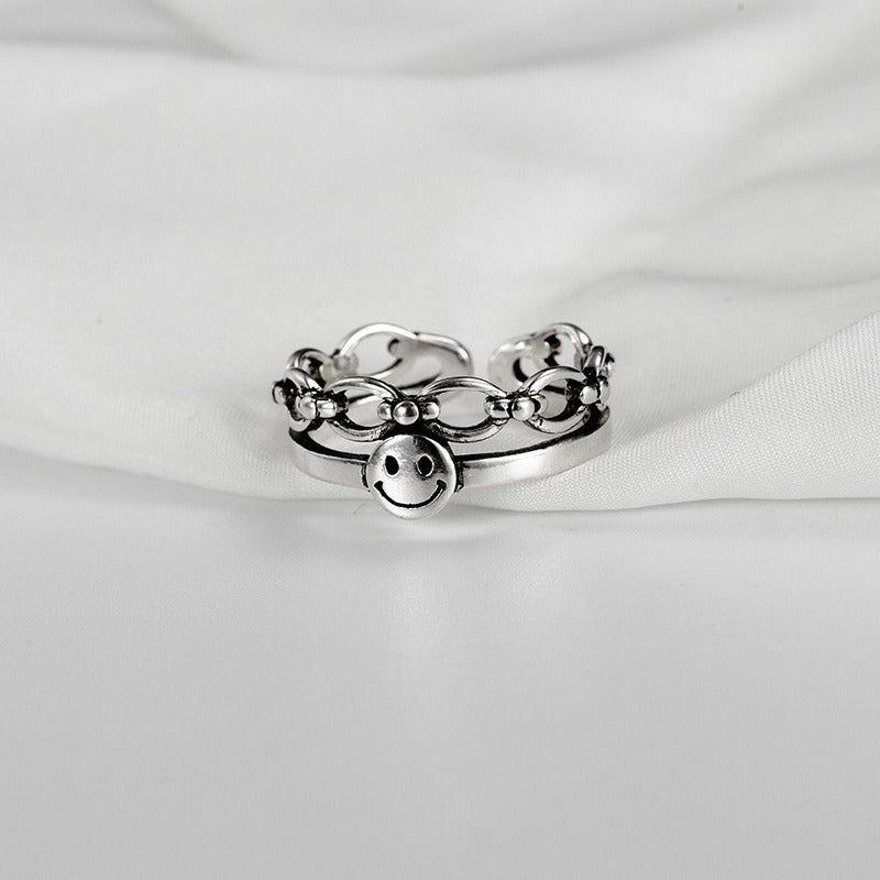 Sterling Silver Happy Smiling Face Retro Open Ring