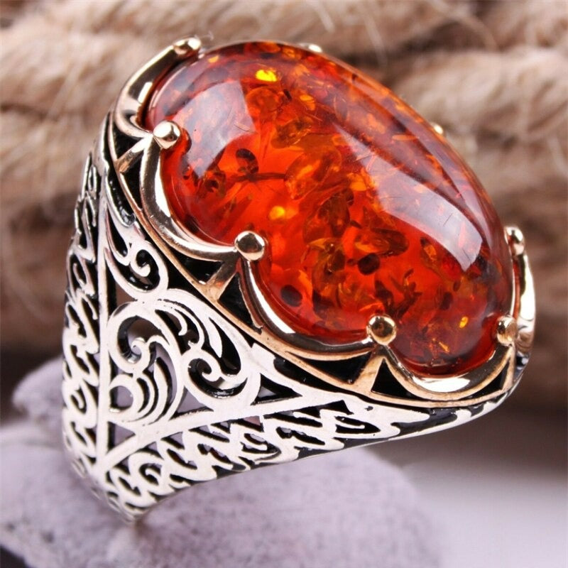 Men's Vintage Red Amber Hollow Silver Turkish Ring
