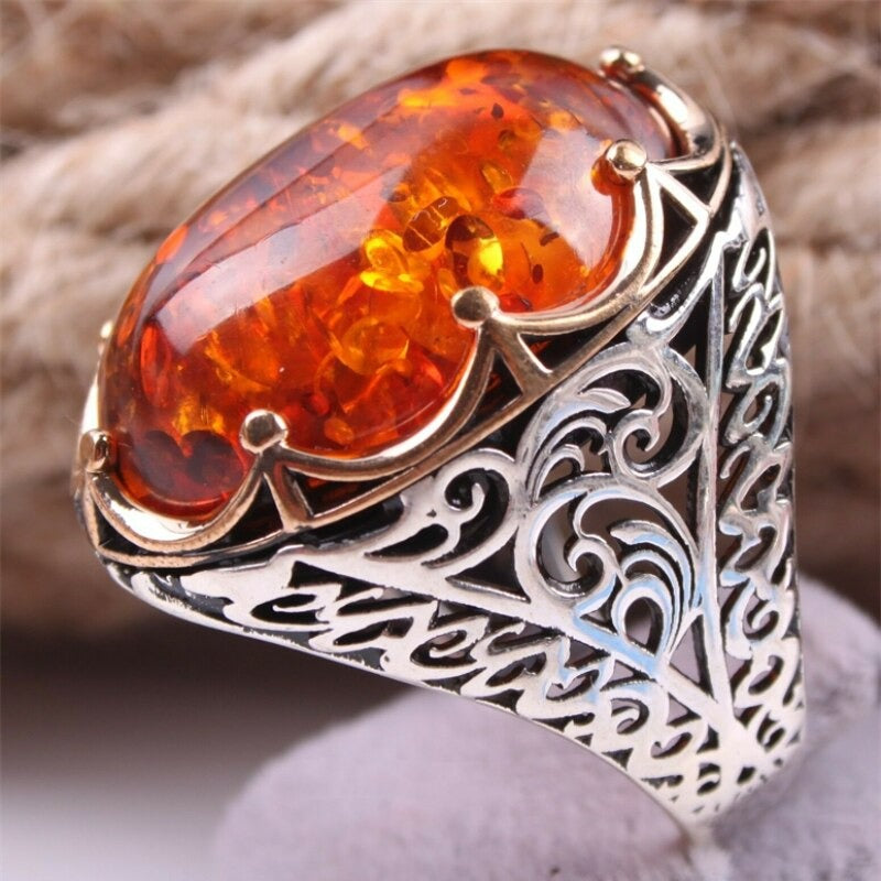 Men's Vintage Red Amber Hollow Silver Turkish Ring