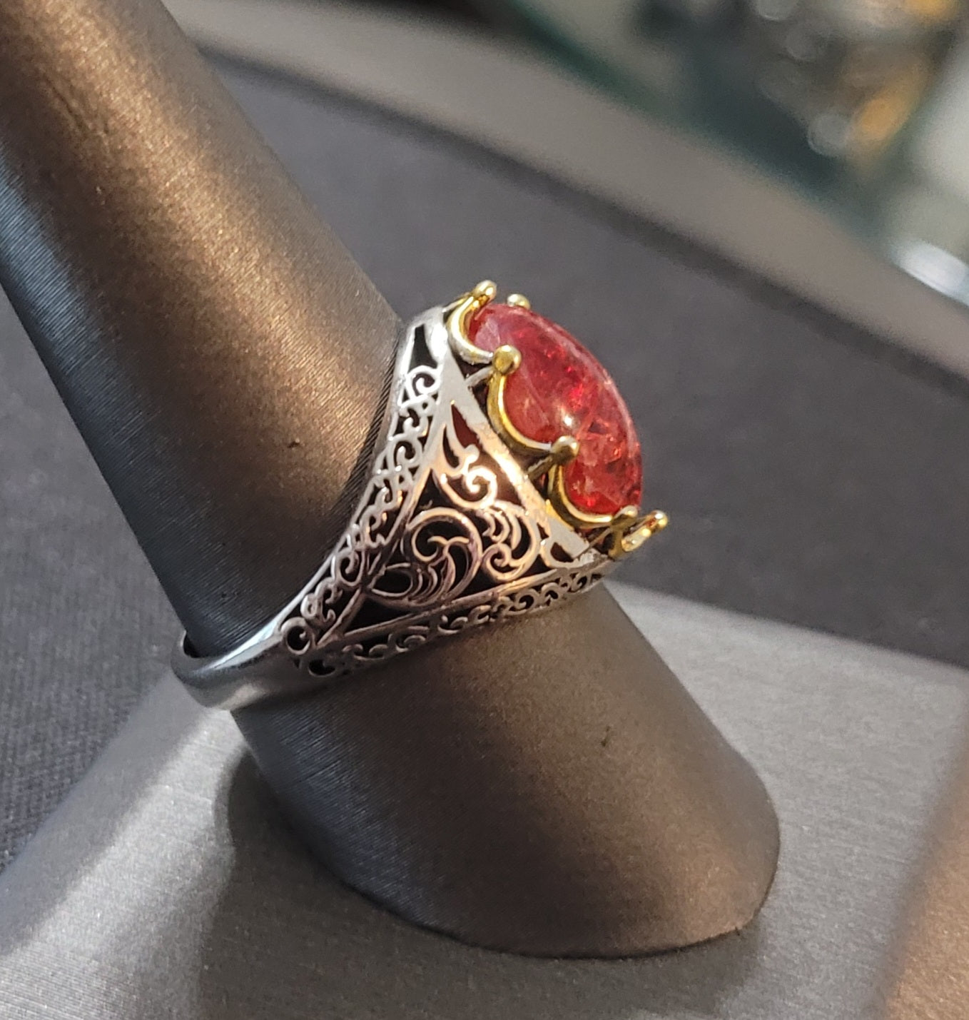 Men's Vintage Red Amber Hollow Silver Turkish Ring
