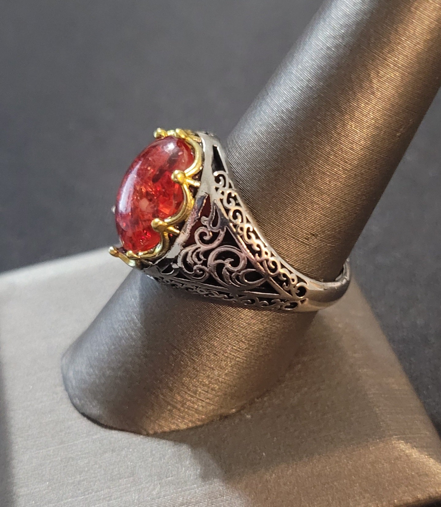Men's Vintage Red Amber Hollow Silver Turkish Ring