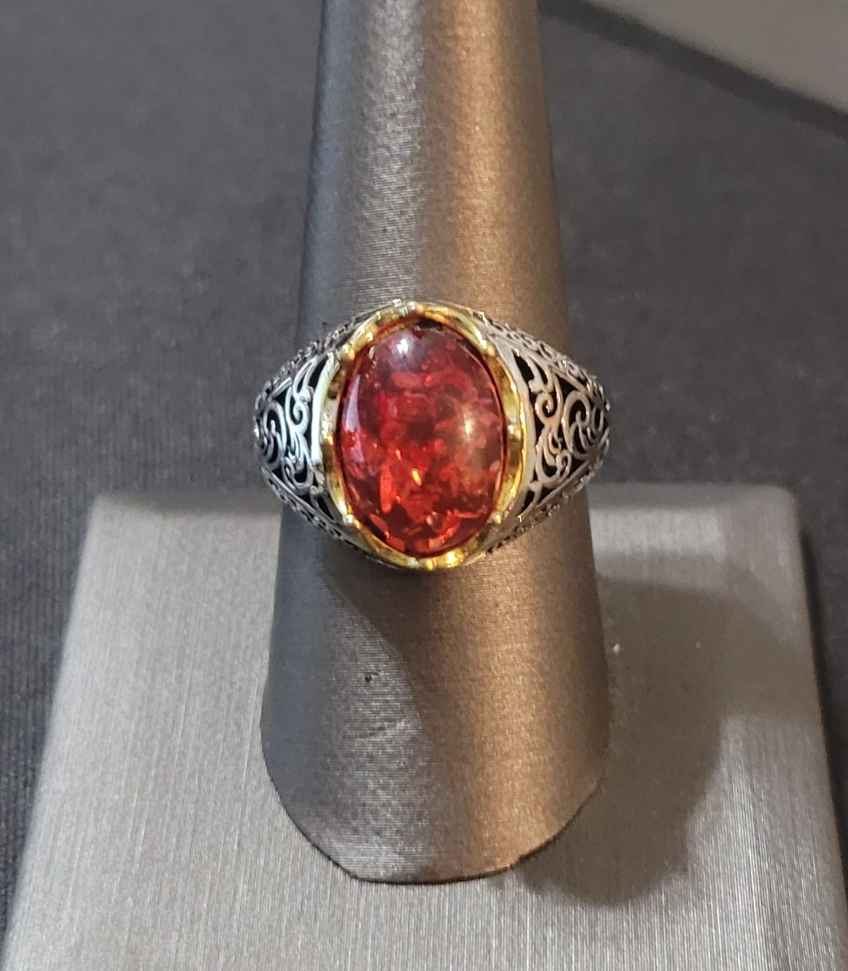 Men's Vintage Red Amber Hollow Silver Turkish Ring