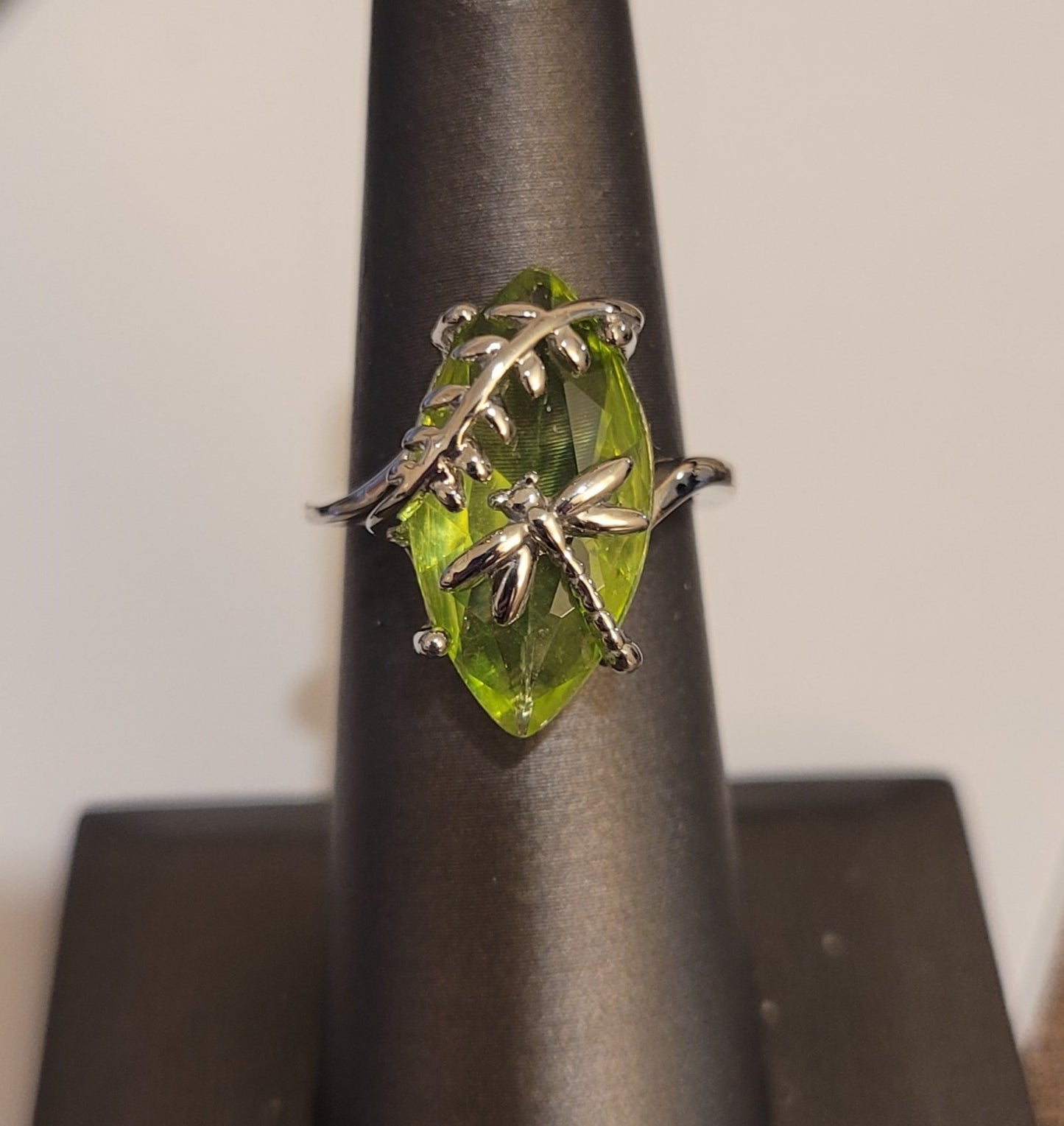 Sterling Silver Green Marquise Olive Dragonfly Ring