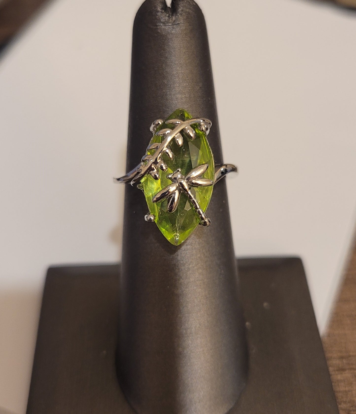 Sterling Silver Green Marquise Olive Dragonfly Ring