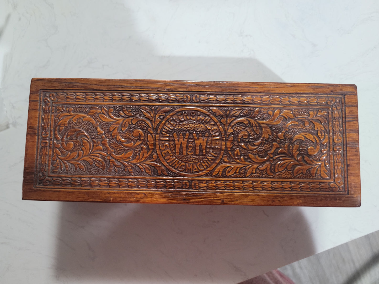 Antique Wheeler & Wilson Carved Wooden Sewing Accessories Box
