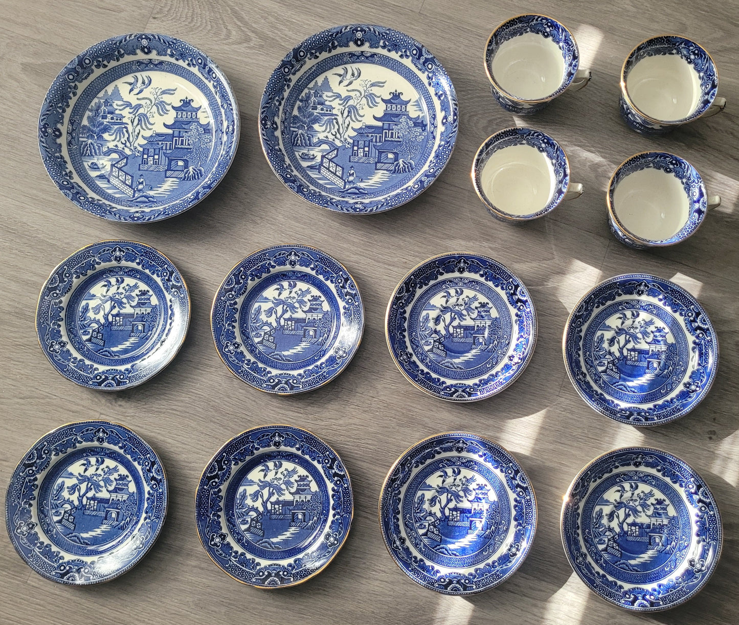 Burleigh Ware Blue Willow Gold Trim 14pc Set