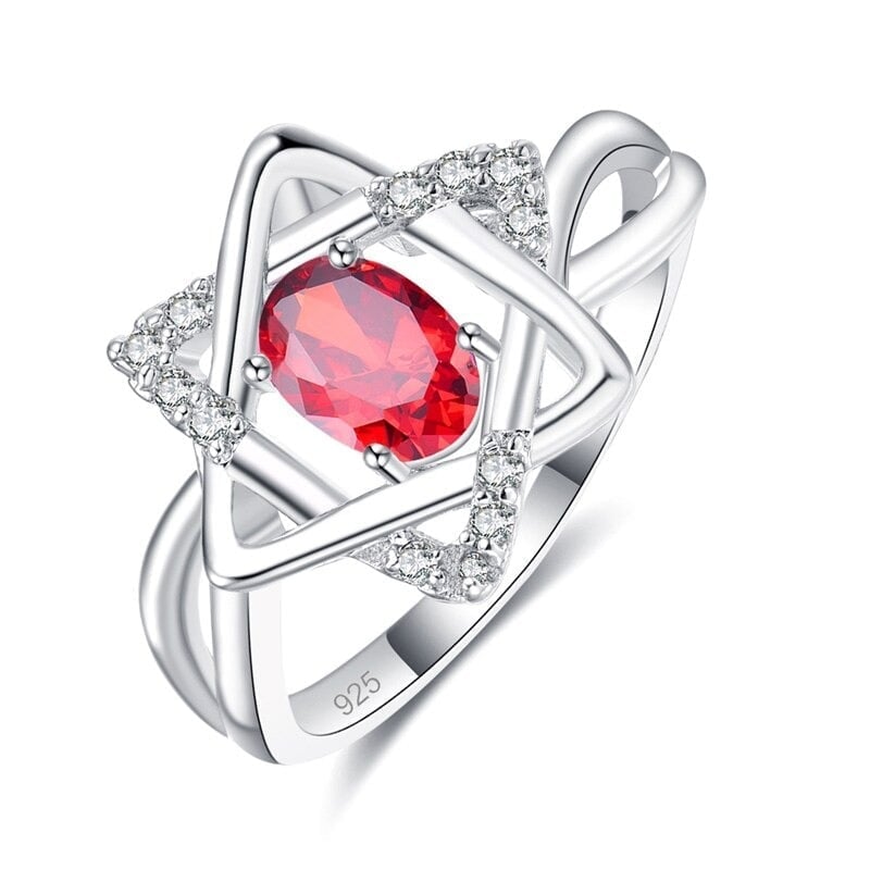 925 Sterling Silver Red Oval Hexagonal Star Inlaid Ring