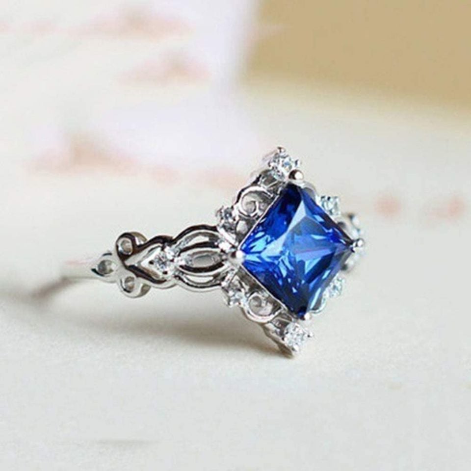Blue Princess Cut Crown Halo Silver Ring