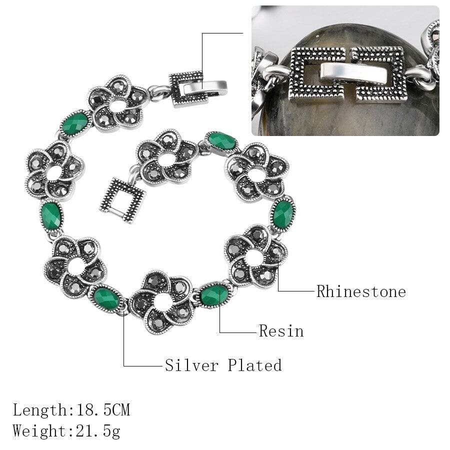 Vintage Bohemian Antique Silver Green Resin Crystal Flower Bracelet