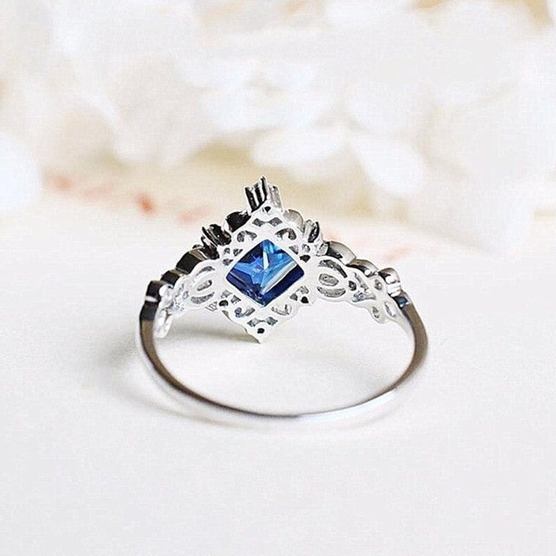 Blue Princess Cut Crown Halo Silver Ring