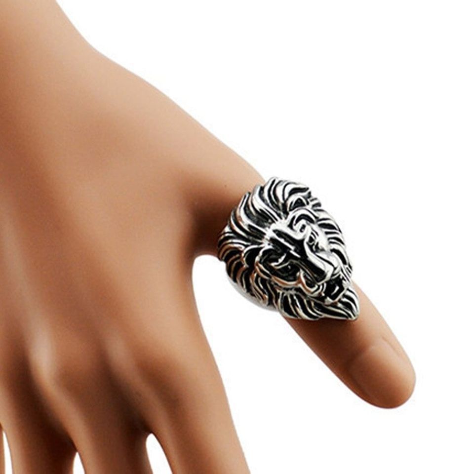 Men's Vintage Retro Lion Head Animal Silver Punk Ring