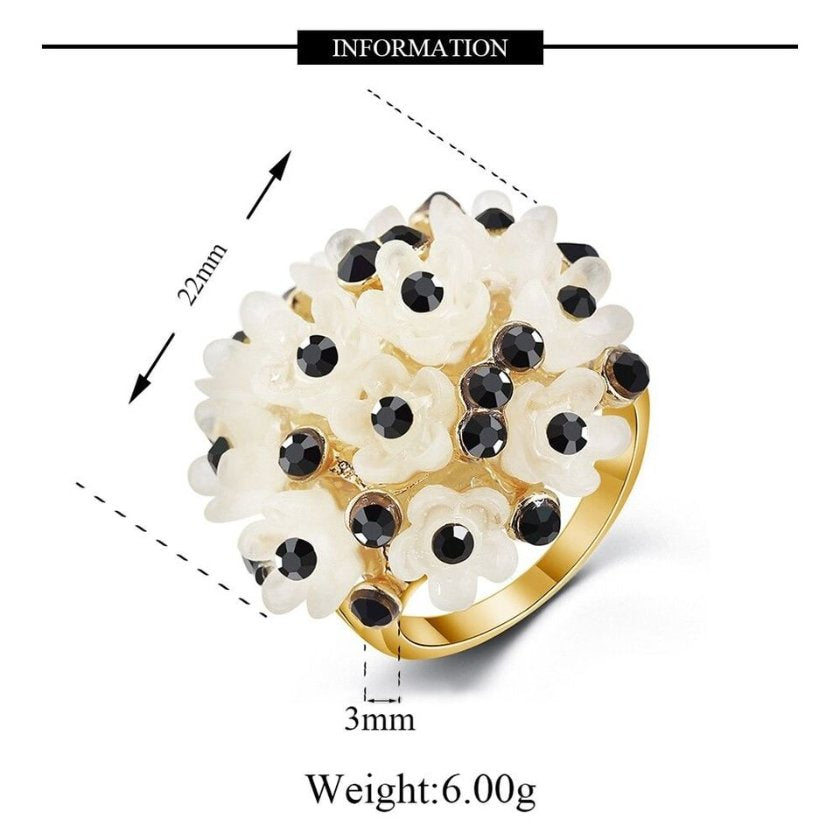 Handmade Black Sakura Flowers Gold Cocktail Ring