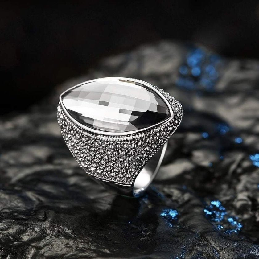 Huge Vintage Black Marquise Antique Silver Ring