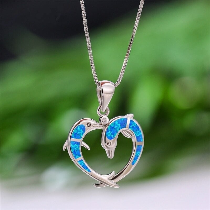 Blue Fire Opal Dolphin Heart Pendant Silver Necklace & Chain