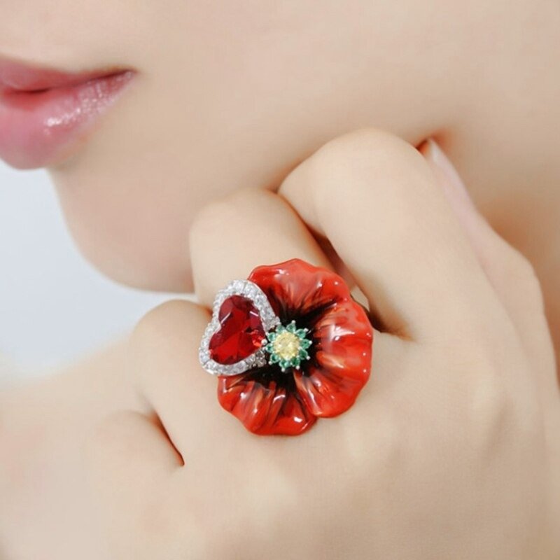 Sterling Silver Red Rosette Crystal Flower Heart Ring