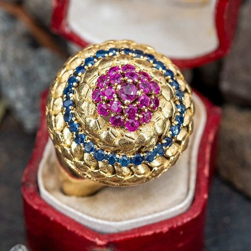 Ethnic Red & Blue Zircon Geometric Round Dome Gold Ring