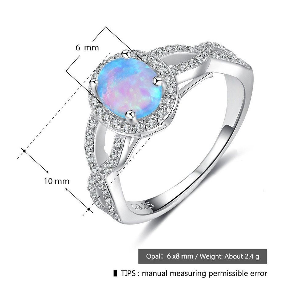 Oval Cut Blue Opal & CZ Crystals Silver Halo Ring