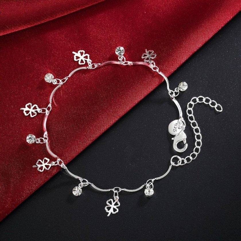 Lucky Four Leaf Clover 9" Silver Charm Bracelet