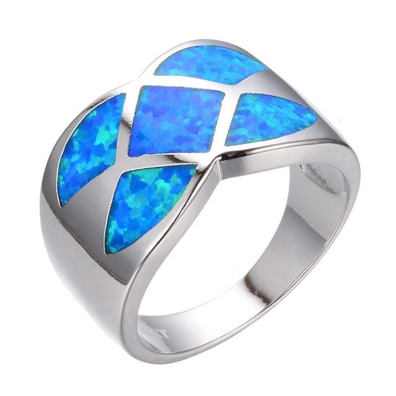 Wide Blue Fire Opal Geometric Silver Ring
