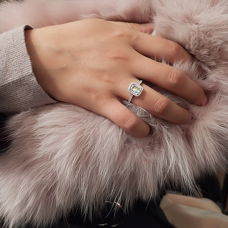 2pcs 10mm Emerald Cut Zircon Silver Engagement Ring
