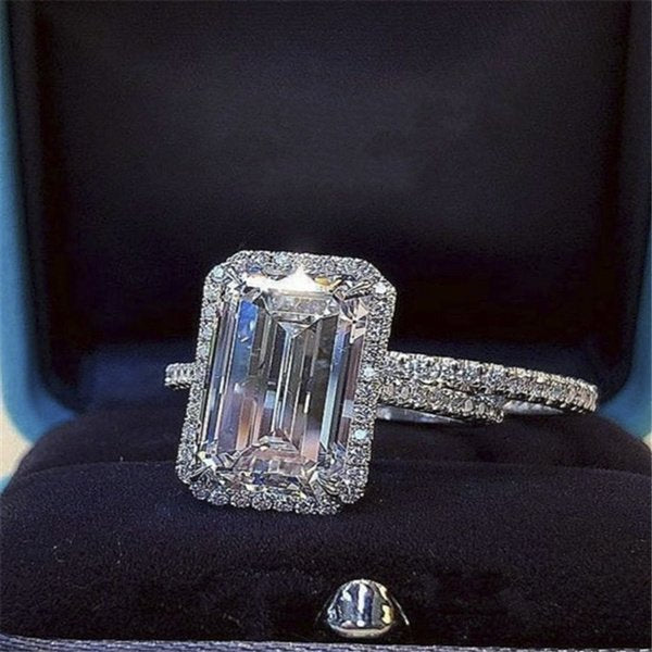 2pcs 10mm Emerald Cut Zircon Silver Engagement Ring
