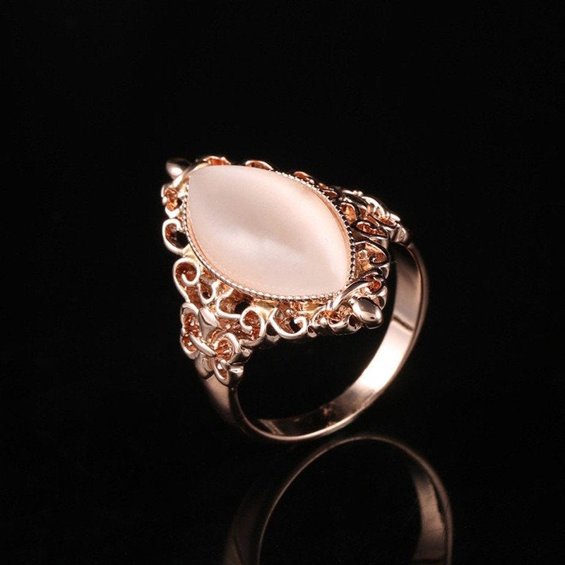 925 Sterling Silver Vintage Pink Opal Rose Gold Tone Ring
