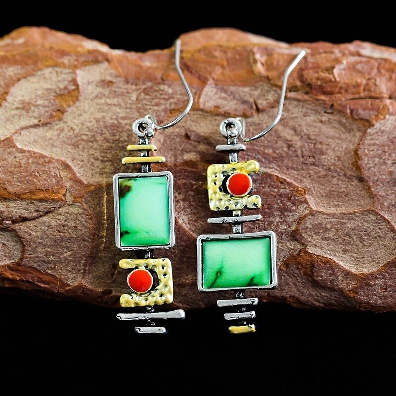 Handmade Boho Turquoise Vintage Dangle Silver Earrings