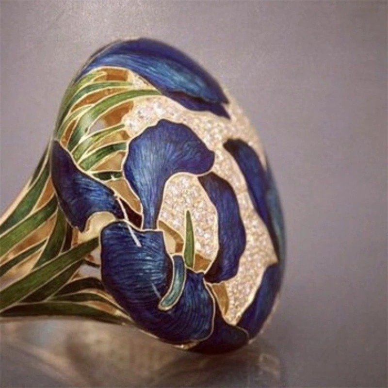 Chinese Style Hand-Painted Lotus Grass Retro Ring
