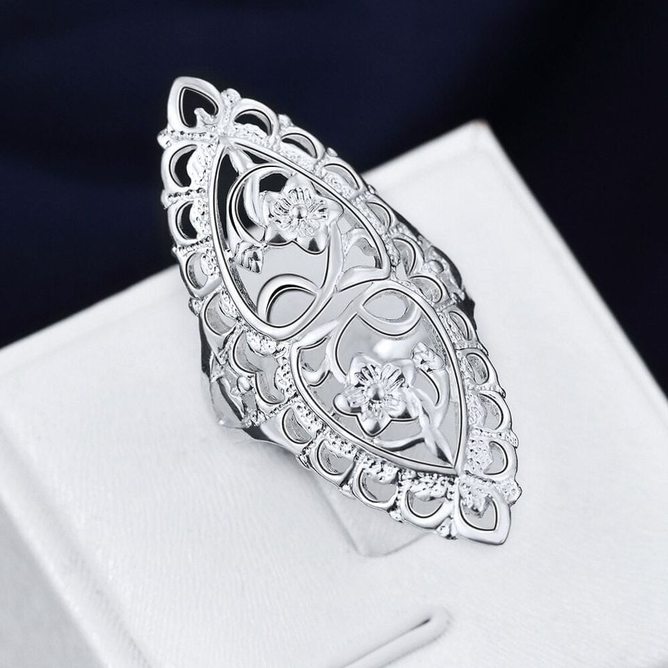 925 Sterling Silver Hollow Flower Big Retro Ring