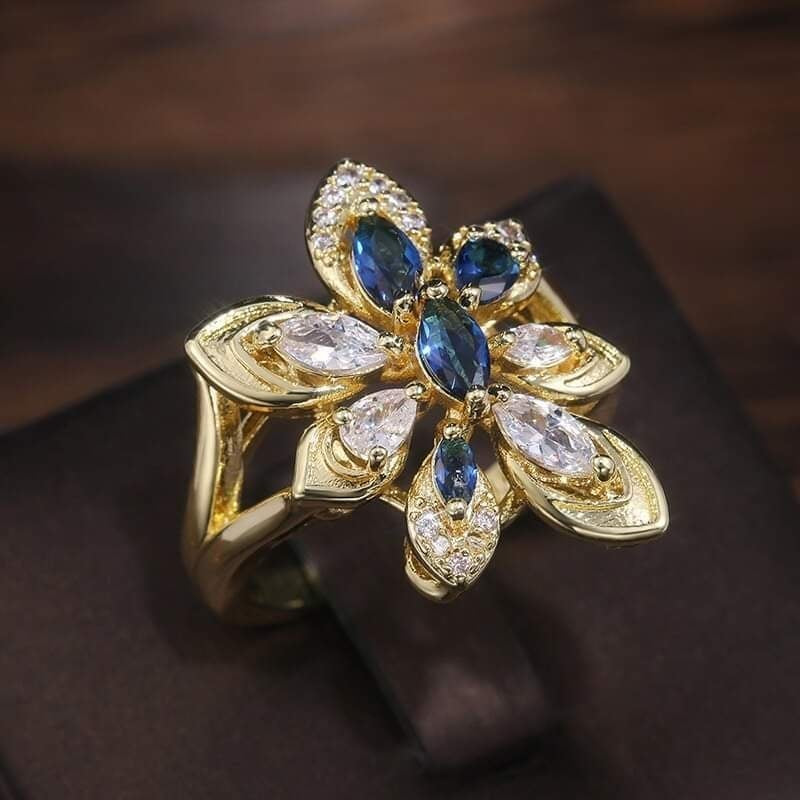 925 Silver Blue & White Marquise Teardrop Flower Gold Tone Ring
