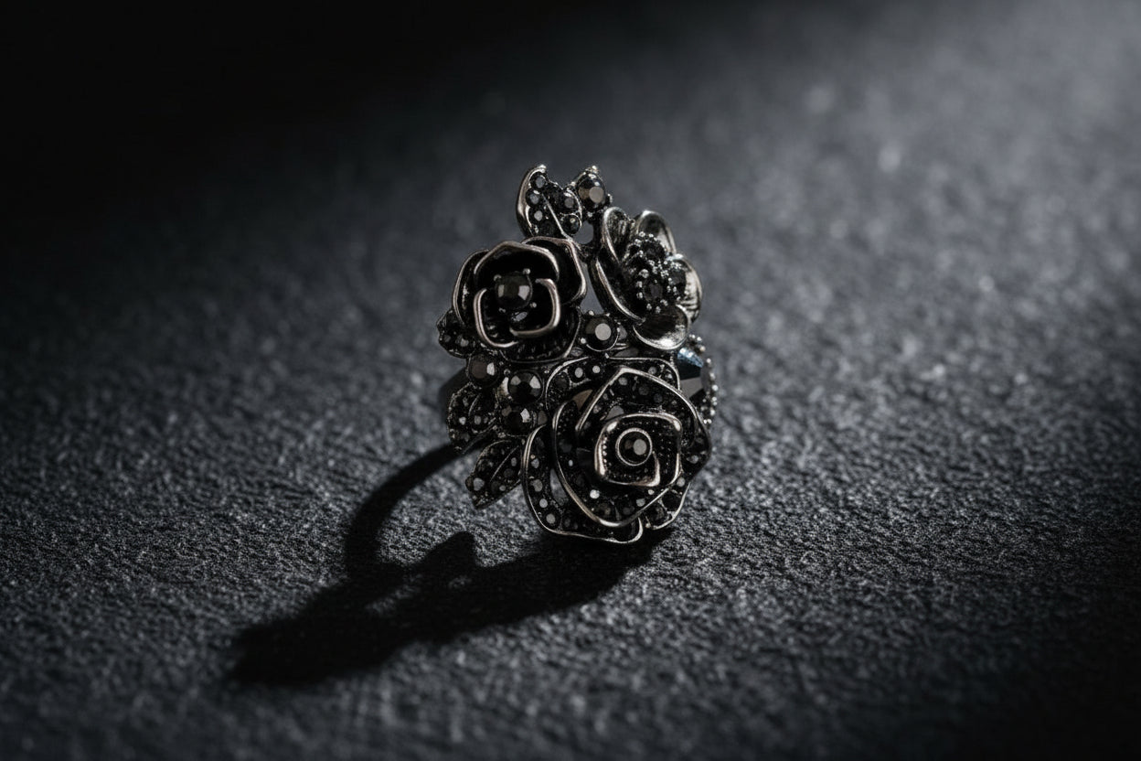 28mm Vintage Black Rose Ethnic Antique Silver Ring