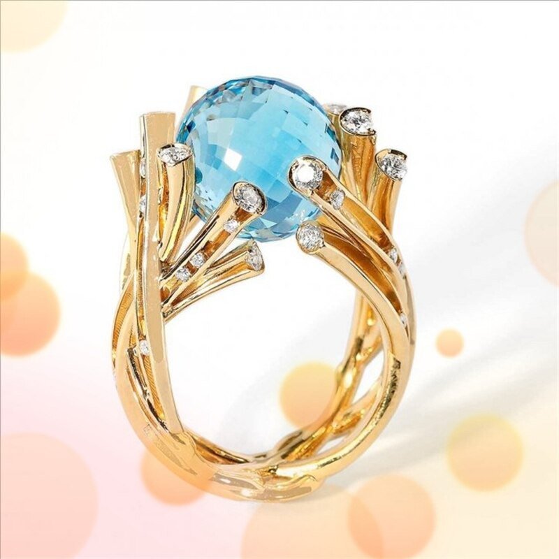 Creative Blue Crystal Ball Cocktail Golden Branch Ring