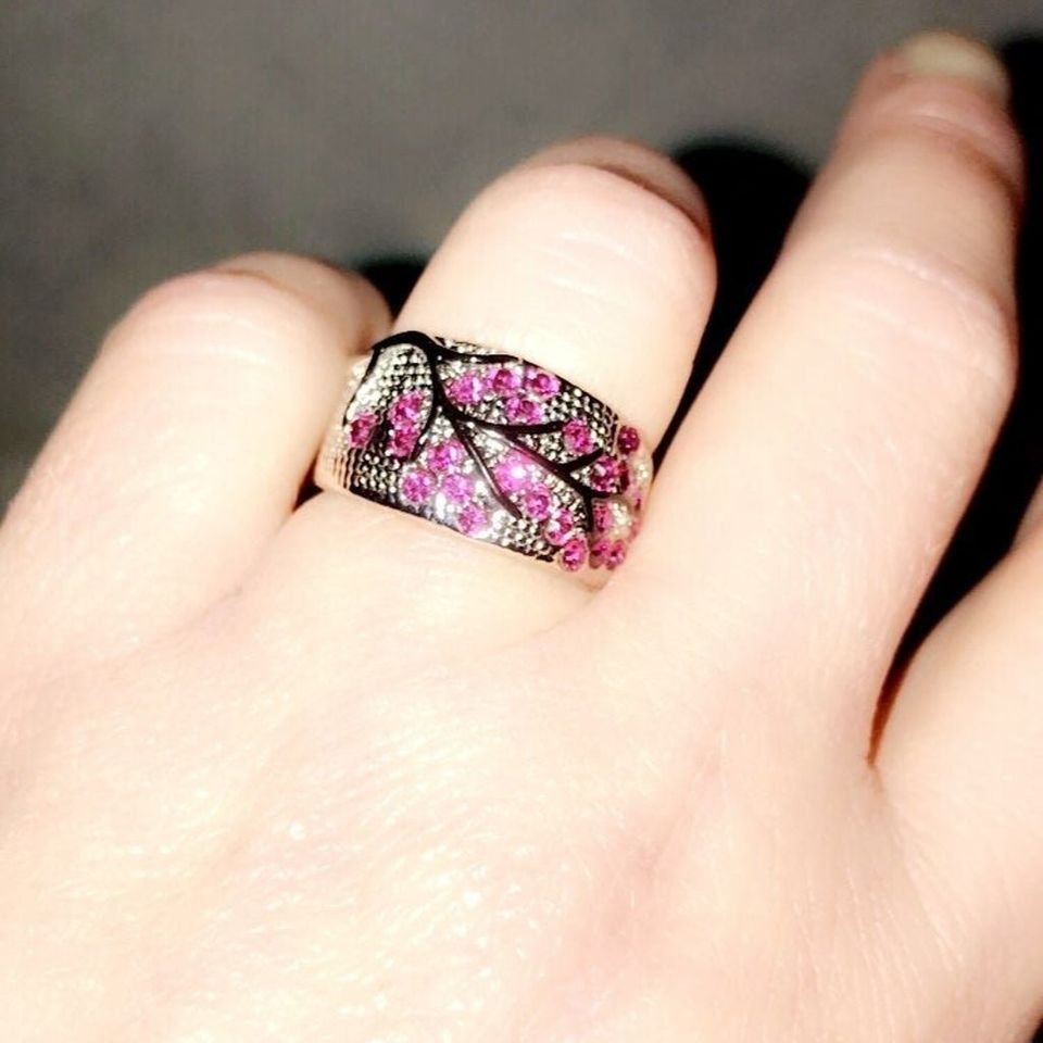 925 Sterling Silver Fuchsia Pink Tree Branch Leaves Blossom Ring