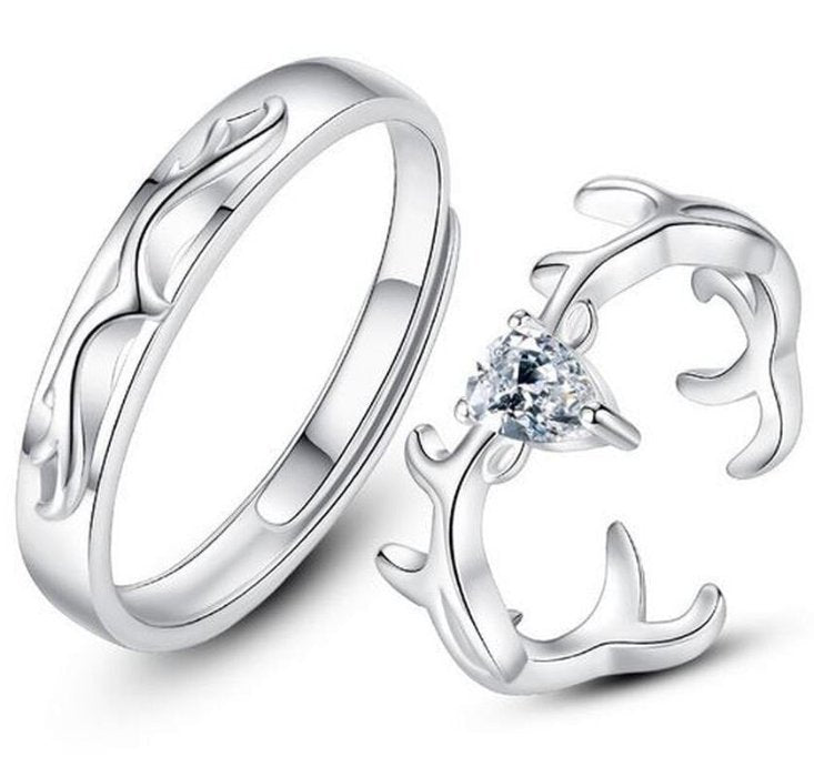 2pcs Sterling Silver Deer Antler Matching Open Couple Rings