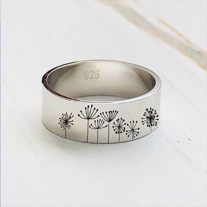 925 Sterling Silver Engraved Dandelion Ring