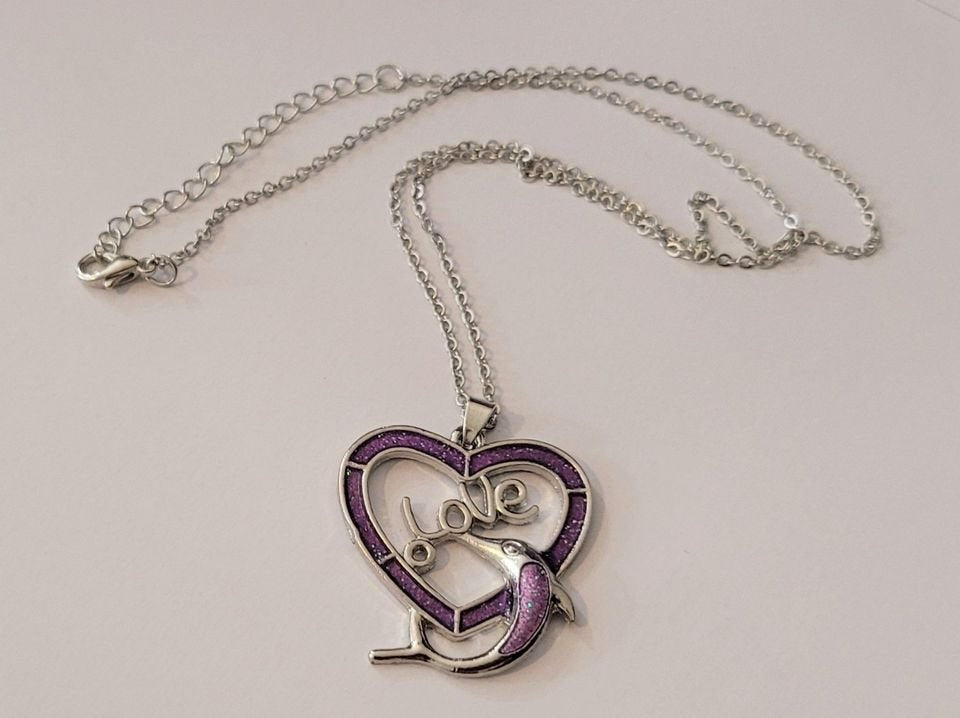 Love Dolphin Heart Pendant Purple Opal Necklace