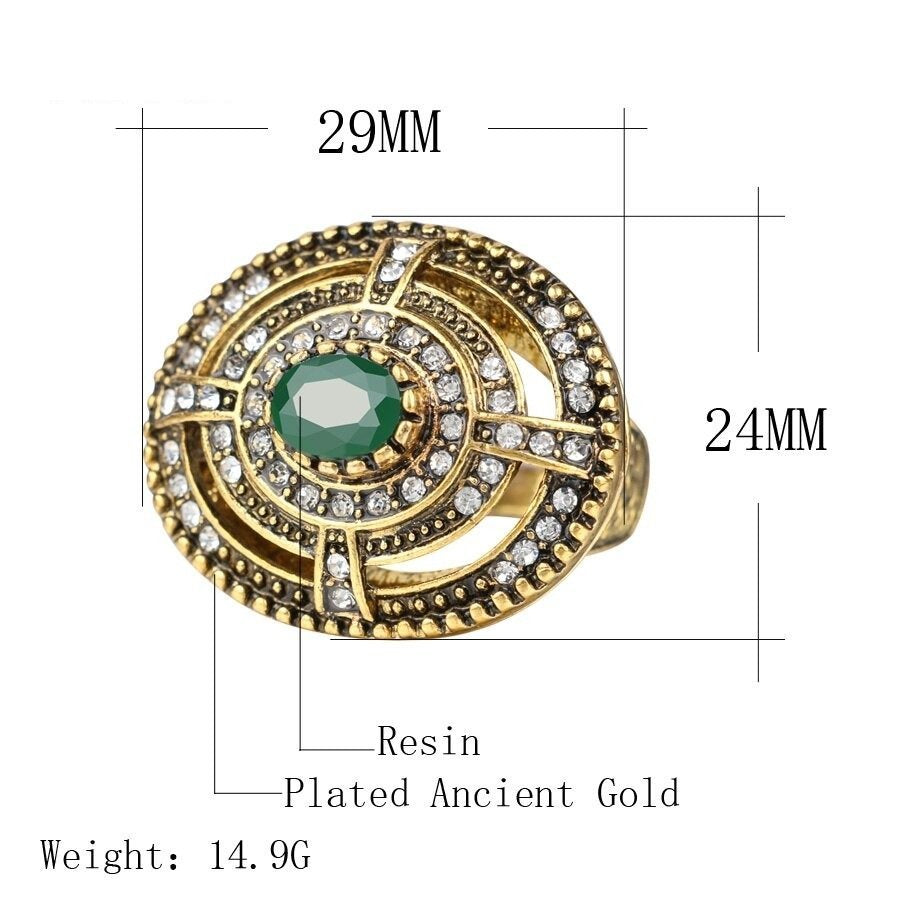 Huge Vintage Oval Green Resin Hollow Antique Gold Turkish Ring