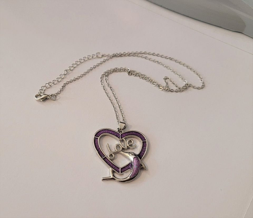 Love Dolphin Heart Pendant Purple Opal Necklace